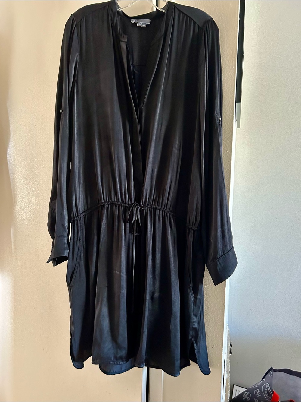 Vince Black Satin Drawstring Long-Sleeve Robe